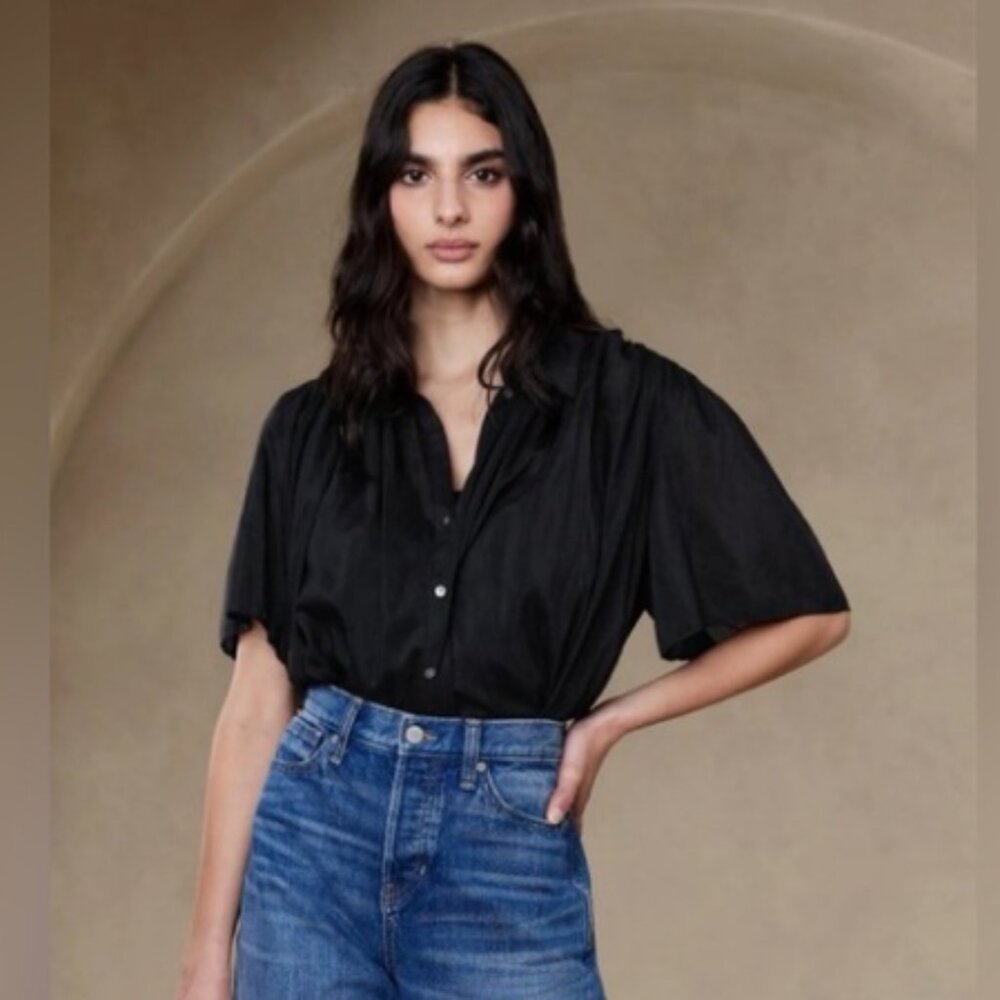 Like New Banana Republic Cotton-Silk Blouse Black Sz Small